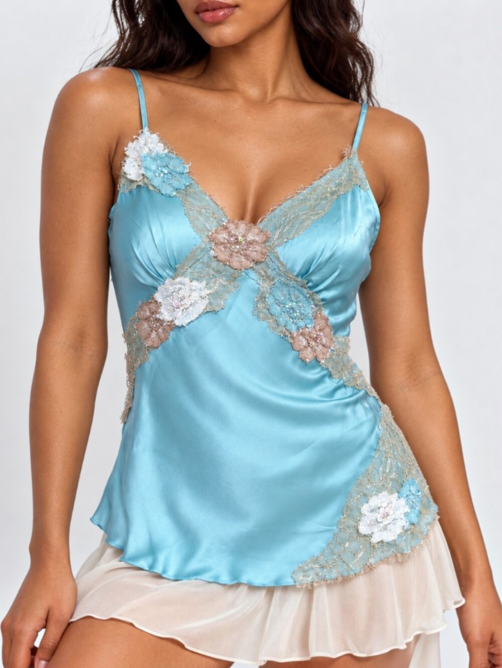 100% Silk Y2K Fairy Lace Camisole Aqua Blue Floral Applique Sequin Coquette S